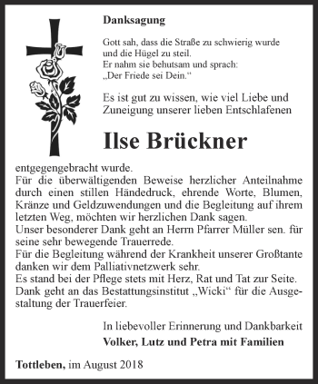 Traueranzeige von Ilse Brückner von Thüringer Allgemeine, Thüringische Landeszeitung