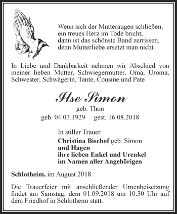 Traueranzeige von Ilse Simon von Thüringer Allgemeine, Thüringische Landeszeitung