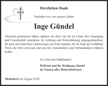 Traueranzeige von Inge Gündel von Ostthüringer Zeitung