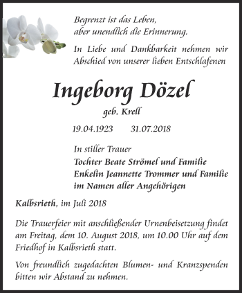 Traueranzeige von Ingeborg Dözel von Thüringer Allgemeine