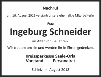 Traueranzeige von Ingeburg Schneider von Ostthüringer Zeitung