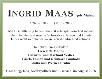 Traueranzeige von Ingrid Maas von Ostthüringer Zeitung, Thüringische Landeszeitung