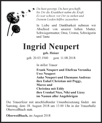 Traueranzeige von Ingrid Neupert von Ostthüringer Zeitung