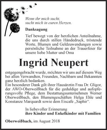 Traueranzeige von Ingrid Neupert von Ostthüringer Zeitung