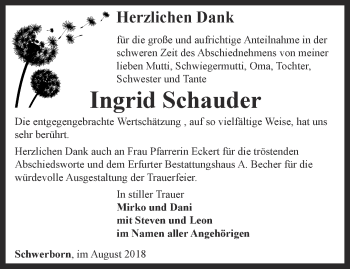 Traueranzeige von Ingrid Schauder von Thüringer Allgemeine, Thüringische Landeszeitung