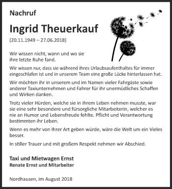 Traueranzeige von Ingrid Theuerkauf von Thüringer Allgemeine