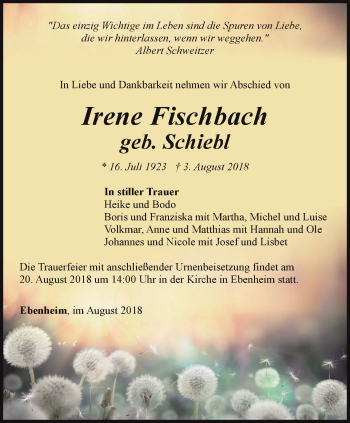 Traueranzeige von Irene Fischbach von Ostthüringer Zeitung, Thüringische Landeszeitung