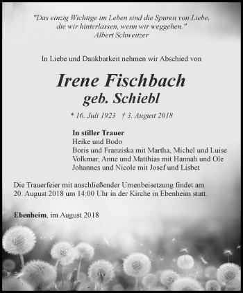 Traueranzeige von Irene Fischbach von Ostthüringer Zeitung, Thüringische Landeszeitung