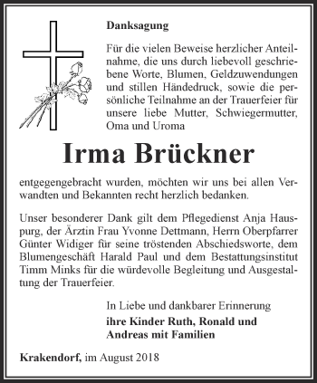 Traueranzeige von Irma Brückner von Thüringer Allgemeine, Thüringische Landeszeitung