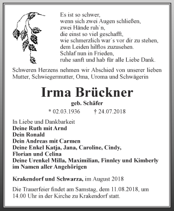 Traueranzeige von Irma Brückner von Thüringer Allgemeine, Thüringische Landeszeitung