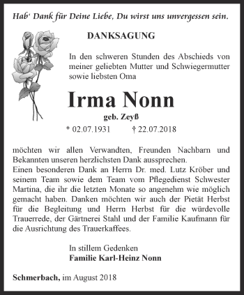 Traueranzeige von Irma Nonn von Ostthüringer Zeitung, Thüringische Landeszeitung