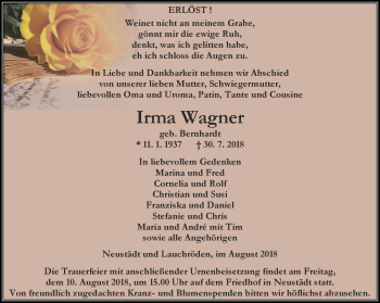 Traueranzeige von Irma Wagner von Thüringer Allgemeine, Thüringische Landeszeitung