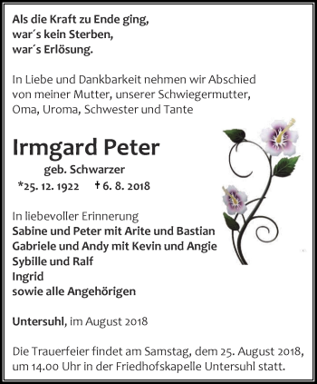 Traueranzeige von Irmgard Peter von Thüringer Allgemeine, Thüringische Landeszeitung