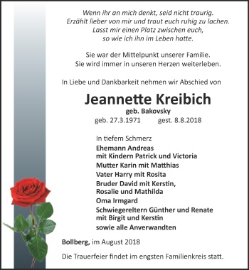 Traueranzeige von Jeannette Kreibich von Ostthüringer Zeitung