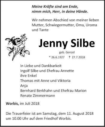 Traueranzeige von Jenny Silbe von Thüringer Allgemeine