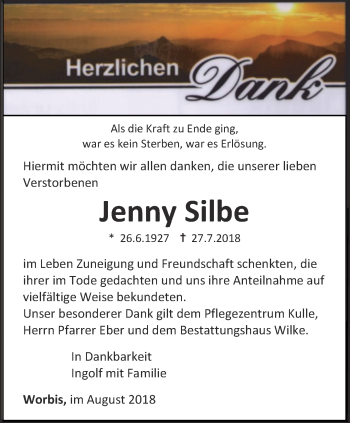 Traueranzeige von Jenny Silbe von Thüringer Allgemeine