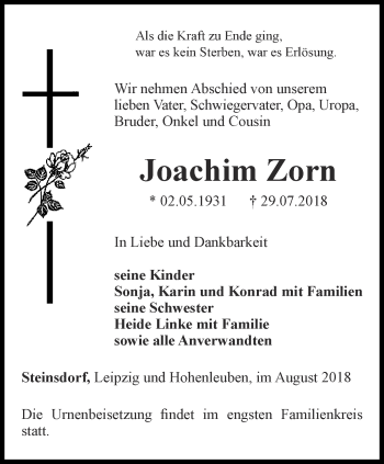 Traueranzeige von Joachim Zorn von Ostthüringer Zeitung