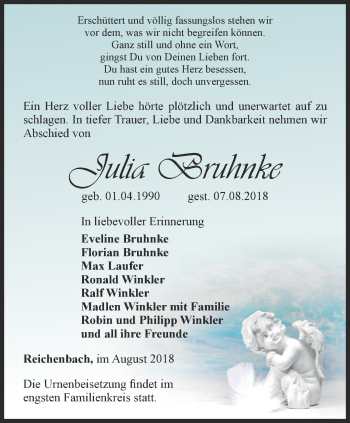 Traueranzeige von Julia Bruhnke von Ostthüringer Zeitung