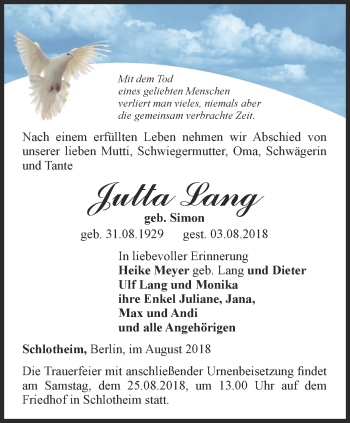 Traueranzeige von Jutta Lang von Thüringer Allgemeine, Thüringische Landeszeitung