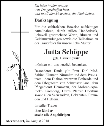 Traueranzeige von Jutta Schöppe von Ostthüringer Zeitung