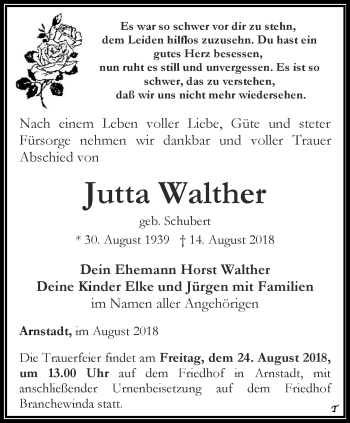 Traueranzeige von Jutta Walther von Thüringer Allgemeine