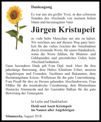 Traueranzeige von Jürgen Kristupeit von Thüringer Allgemeine