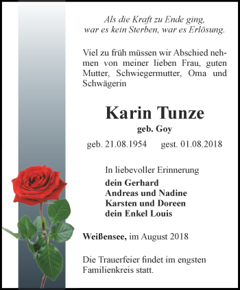 Traueranzeige von Karin Tunze von Thüringer Allgemeine