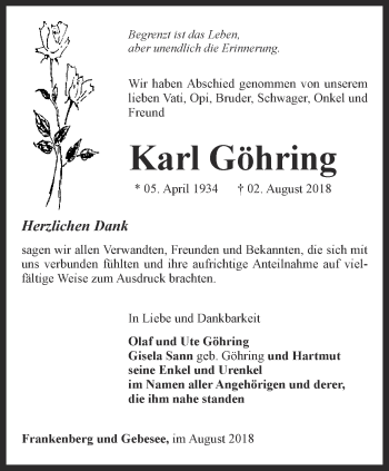 Traueranzeige von Karl Göhring von Thüringer Allgemeine