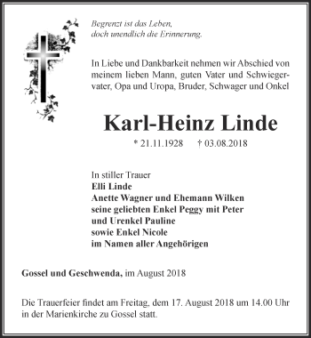 Traueranzeige von Karl-Heinz Linde von Thüringer Allgemeine