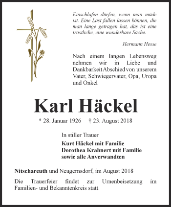 Traueranzeige von Karl Häckel von Ostthüringer Zeitung