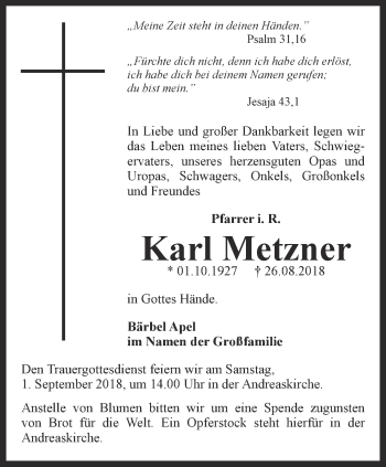 Traueranzeige von Karl Metzner von Thüringer Allgemeine, Thüringische Landeszeitung