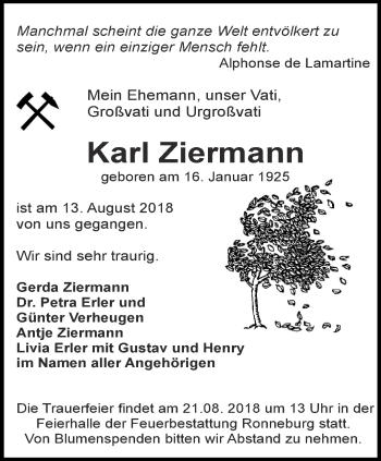 Traueranzeige von Karl Ziermann von Ostthüringer Zeitung