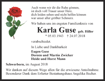 Traueranzeige von Karla Guse  von Thüringer Allgemeine, Thüringische Landeszeitung