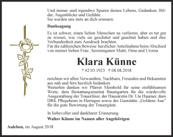 Traueranzeige von Klara Künne von Thüringer Allgemeine