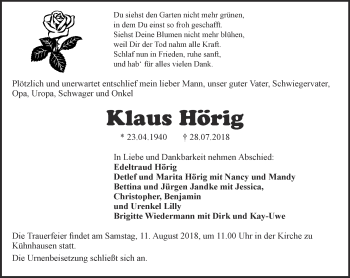 Traueranzeige von Klaus Hörig von Thüringer Allgemeine, Thüringische Landeszeitung