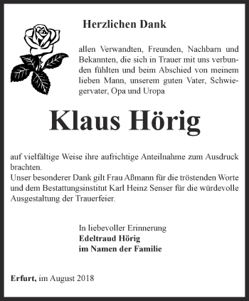 Traueranzeige von Klaus Hörig von Thüringer Allgemeine, Thüringische Landeszeitung