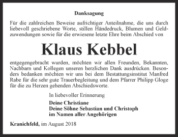 Traueranzeige von Klaus Kebbel von Thüringer Allgemeine, Thüringische Landeszeitung