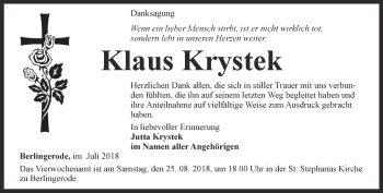 Traueranzeige von Klaus Krystek von Thüringer Allgemeine