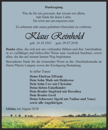 Traueranzeige von Klaus Reinhold