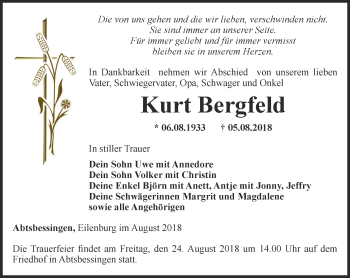 Traueranzeige von Kurt Bergfeld von Thüringer Allgemeine, Thüringische Landeszeitung