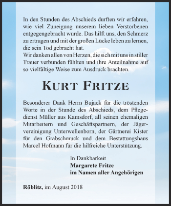 Traueranzeige von Kurt Fritze von Ostthüringer Zeitung