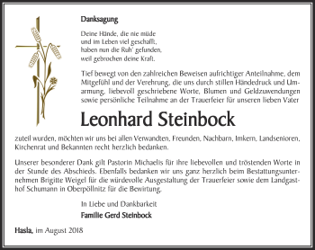 Traueranzeige von Leonhard Steinbock von Ostthüringer Zeitung