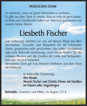 Traueranzeige von Liesbeth Fischer von Ostthüringer Zeitung, Thüringische Landeszeitung