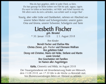 Traueranzeige von Liesbeth Fischer von Ostthüringer Zeitung, Thüringische Landeszeitung