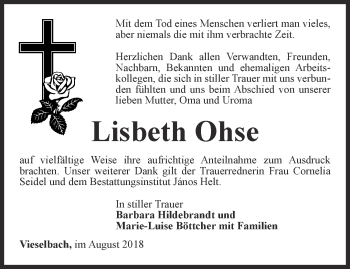 Traueranzeige von Lisbeth Ohse von Thüringer Allgemeine, Thüringische Landeszeitung