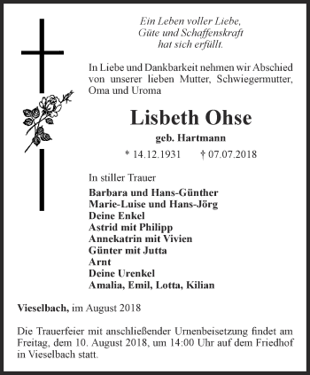 Traueranzeige von Lisbeth Ohse von Thüringer Allgemeine, Thüringische Landeszeitung