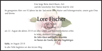 Traueranzeige von Lore Fischer von Ostthüringer Zeitung, Thüringische Landeszeitung