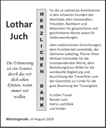Traueranzeige von Lothar Juch von Thüringer Allgemeine