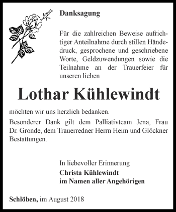 Traueranzeige von Lothar Kühlewindt von Ostthüringer Zeitung