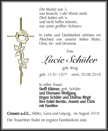 Traueranzeige von Lucie Schüler von Ostthüringer Zeitung